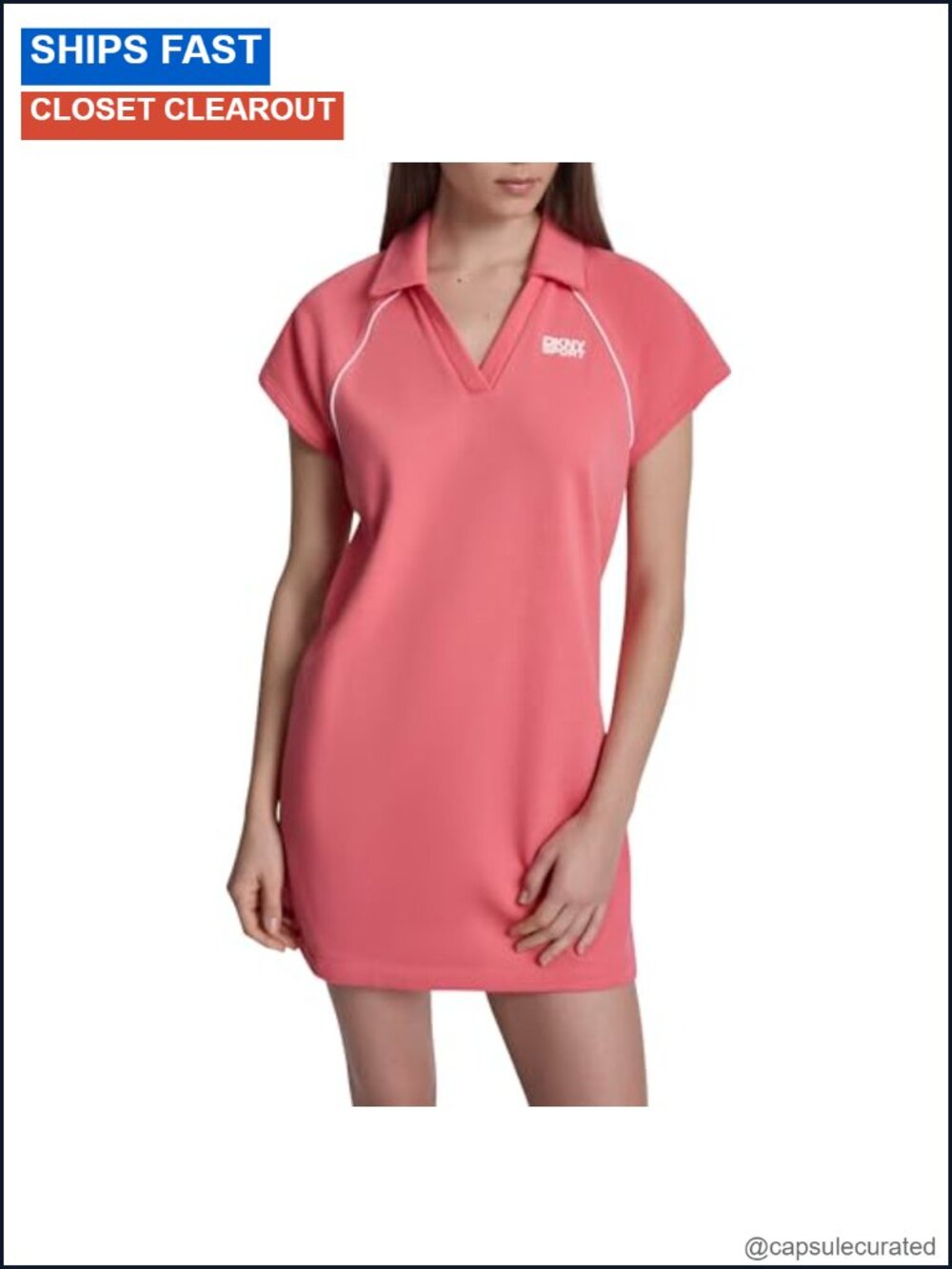 DKNY Women's HD Logo Piped Track Raglan Polo Sneaker Dress - V-Neck Short Sleeve